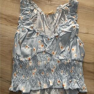 La Hearts Blue Ruched Ruffled Blouse